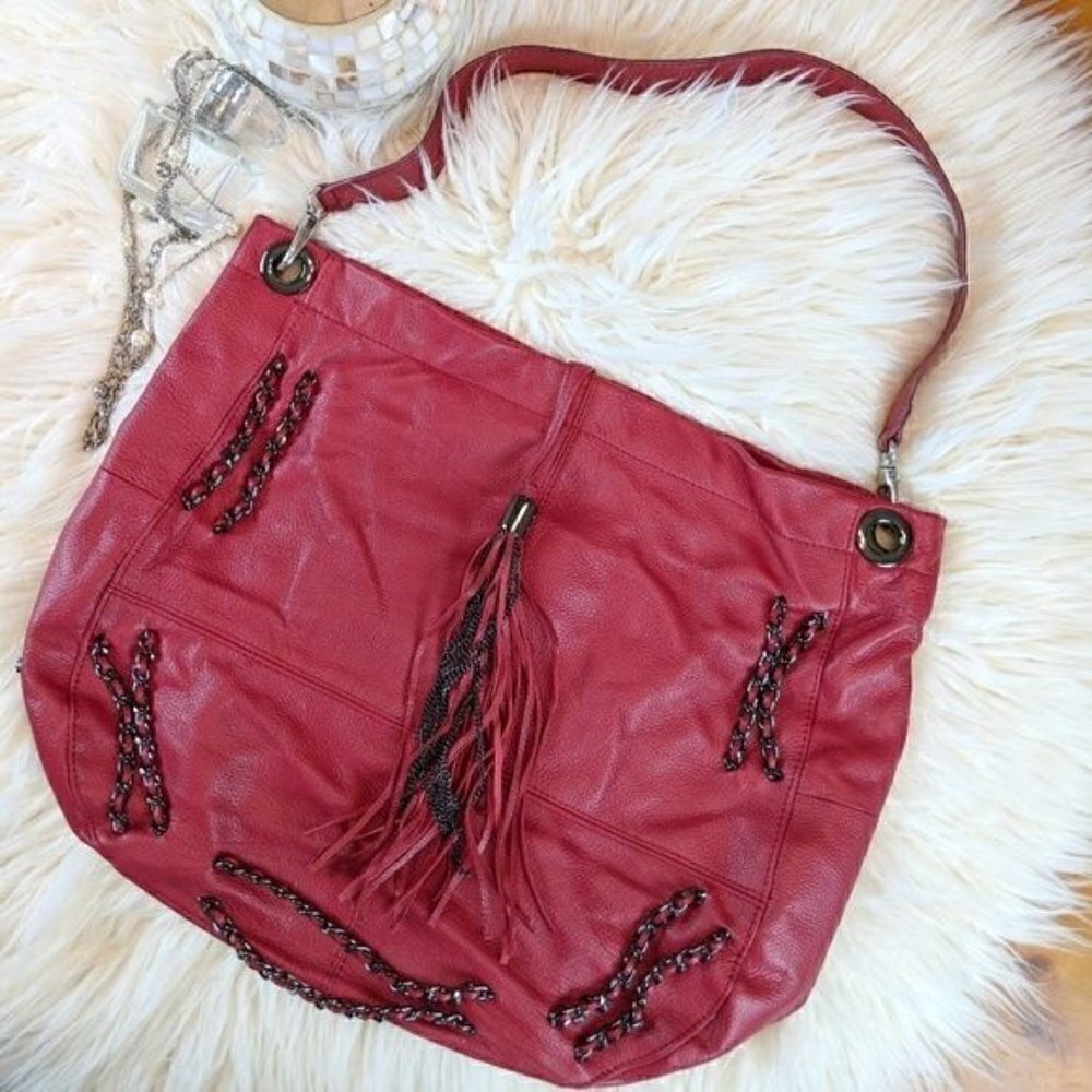 Vince Camuto Purse womens Large Red Leather Tassel Hobo Bag city life office lux